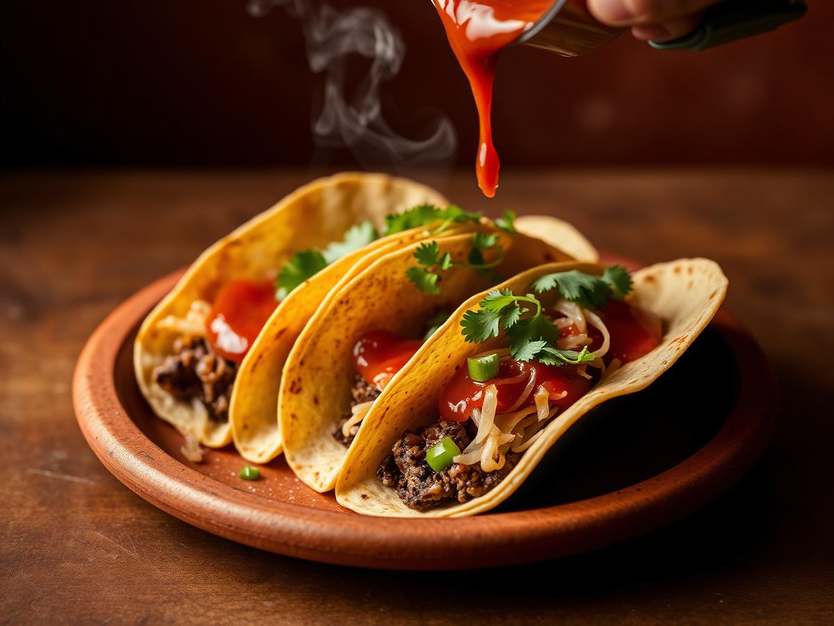 Tacos en plato de barro con salsa recién servida