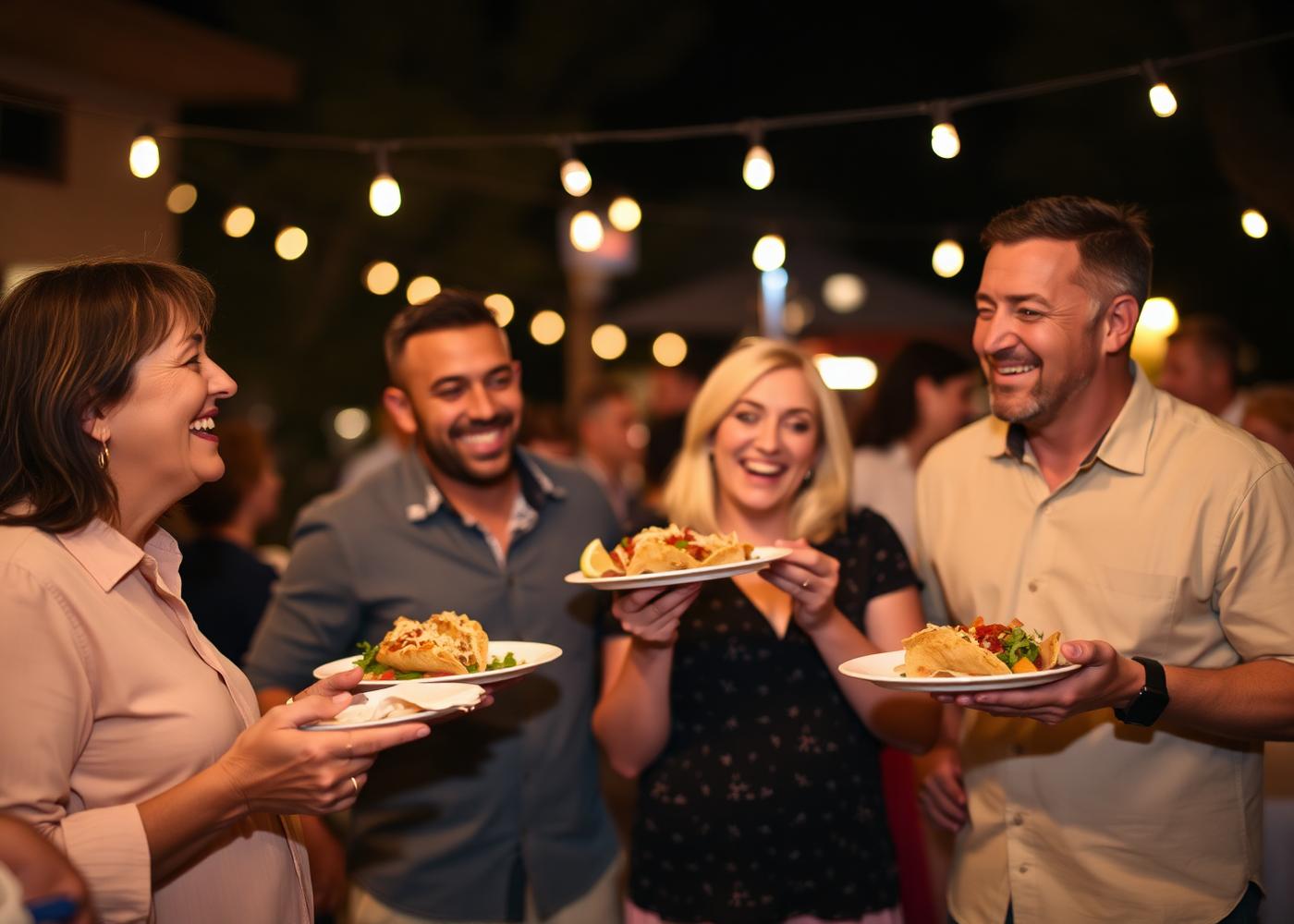 Invitados riendo con platos de tacos en un cumpleaños