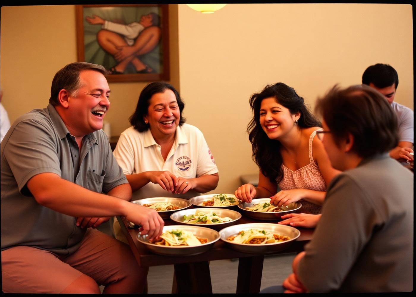 Familia compartiendo tacos alrededor de una mesa