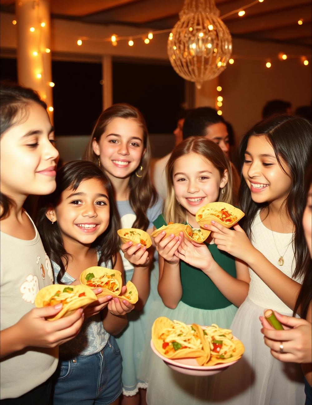 Invitadas disfrutando tacos en una fiesta de XV años